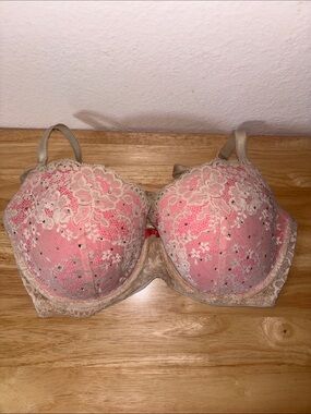 Victorias Secret Dream Angels Lined Demi Bra 34DD Pink Nude Lace and Rhinestone